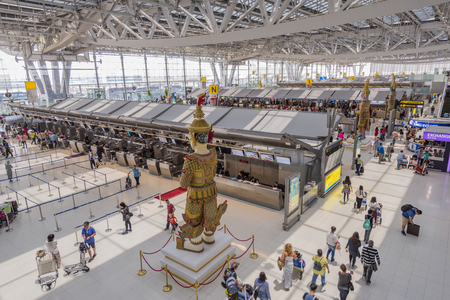 BANGKOK, THAILAND - JUNE 30, 2016 : aerial shot looking down on sculpture and interior of Suvarnabhumi Airport is one of two international airports serving Bangkok.のeditorial素材