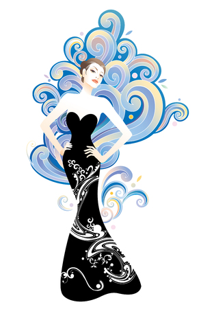 Beauty and fashion woman with graphic clouds backgroundのイラスト素材