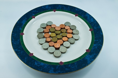 Coin heart on white dish 