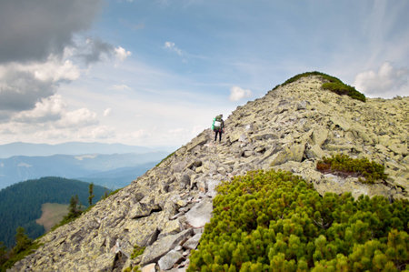 Traveler in the mountains on a stone path leading to the mountain topの写真素材