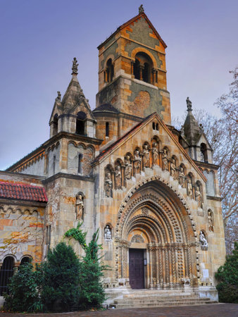 Entrance to the Chapel of Jak in the Vajdahunyad castle on a cloudy winter dayの写真素材