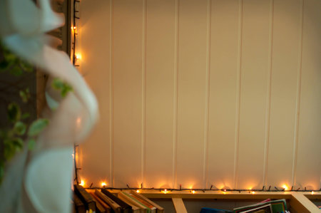 A background of white boards surrounded by orange Christmas lights, shelves full of books on the bottom, white curtain and green leaves on the leftの写真素材