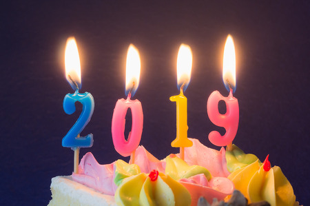 New Year 2019. Burning festive candles on the cake close-up