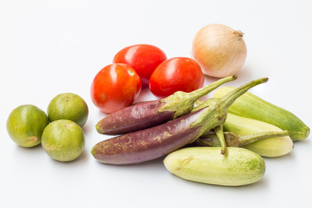 Lemon,tomato,onion,cucumber and purple Eggplant  on white background.の写真素材