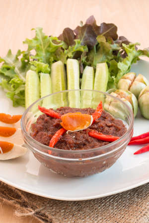 Nam Prik Long Rua (Hot shrimp paste sauce with salt eggs),Thai Food.の写真素材