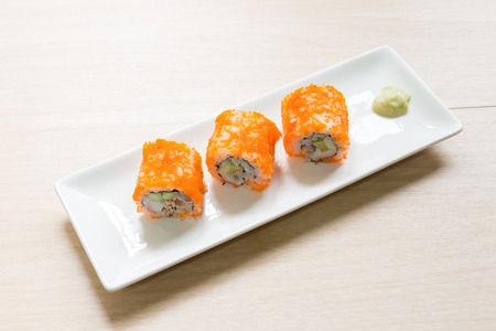 Homemade sushi on wooden tableの写真素材