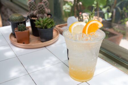 Iced lemonade soda in coffee cafe.の写真素材