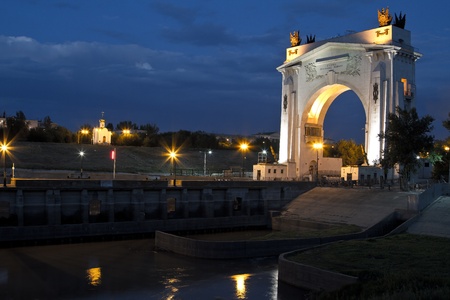 First Gateway of the Volgodonsk navigable channel  Night illumination and illumination of the buildingのeditorial素材