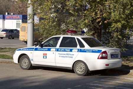  VOLGOGRAD - OCTOBER 23 A police car patrolling the streets of the city after the attack, 21 October  October 23, 2013 in Volgograd, Russia のeditorial素材