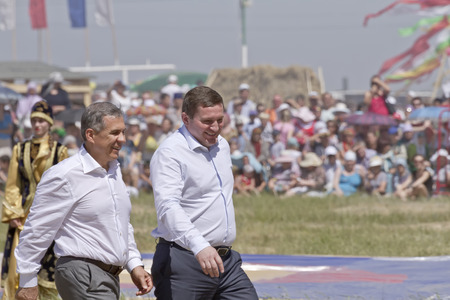 SMALL CHAPURNIKI, VOLGOGRAD, RUSSIA - MAY 24  Mayor of Volgograd Andrei Bocharov and the President of  Tatarstan Rustam Minnikhanov at festival Rural Sabantui-2014  May 24, 2014 in Volgograd, Russia のeditorial素材