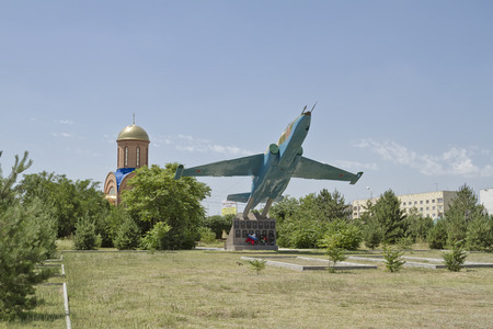 BUDENNOVSK - JULY 2 The monument to soldiers-ground attack aircraft SU-25  July 2, 2014 in Budennovsk, Russia のeditorial素材