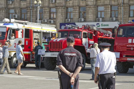 VOLGOGRAD - SEPTEMBER 6:Fire engines at the exhibition stand under the open sky on the forecourt of Volgograd. . September 6, 2014 in Volgograd, Russia.のeditorial素材