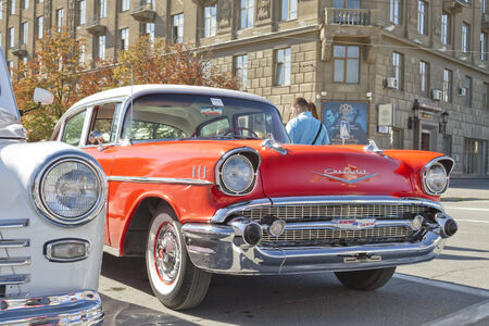 VOLGOGRAD - SEPTEMBER 6:Old red Chevrolet on exhibition of vintage cars in celebration of the 425th anniversary of the city . September 6, 2014 in Volgograd, Russia.のeditorial素材