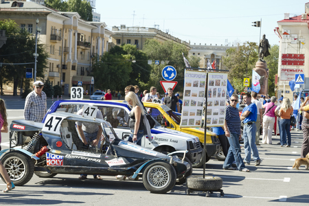 VOLGOGRAD - SEPTEMBER 6:Machine to race across rugged terrain at an exhibition under the open sky . September 6, 2014 in Volgograd, Russia.のeditorial素材