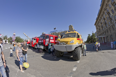 VOLGOGRAD - SEPTEMBER 6:Car Disaster Medicine-terrain-based vehicle Gazelle at the exhibition in the framework of the day of the city . September 6, 2014 in Volgograd, Russia.のeditorial素材