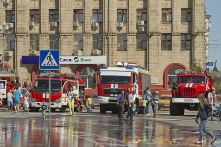 VOLGOGRAD - SEPTEMBER 6: Fire engines at the exhibition stand under the open sky on the forecourt of Volgograd.. September 6, 2014 in Volgograd, Russia.のeditorial素材