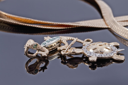 Unusual gold pendant in the form of a lizard and turtleの写真素材