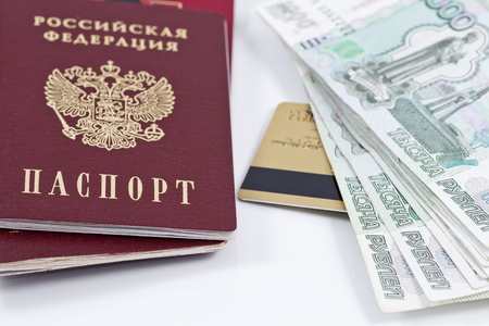 passport, large banknotes and gold credit cardの写真素材