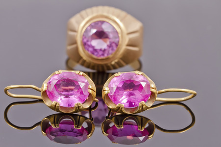 Set of old gold jewelry with precious stonesの写真素材