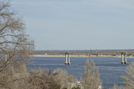 VOLGOGRAD - MARCH 20:Dancing bridge across the Volga river in Volgograd . March 20, 2015 in Volgograd, Russia.のeditorial素材