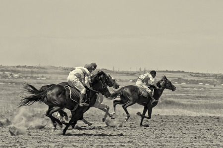 SMALL CHAPURNIKI, VOLGOGRAD, RUSSIA - MAY 24:The fight for the leading position in the race horses during the horse races devoted to celebration of the Sabantuy . May 24, 2014 in Volgograd, Russia.のeditorial素材