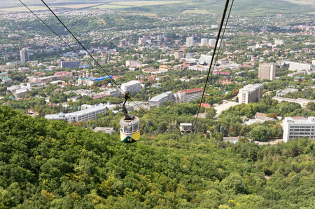 PYATIGORSK, RUSSIA - AUGUST 7: Old ropeway lifts tourists on an excursion on mount Mashuk. August 7, 2015 in Pyatigorsk, Russia.のeditorial素材