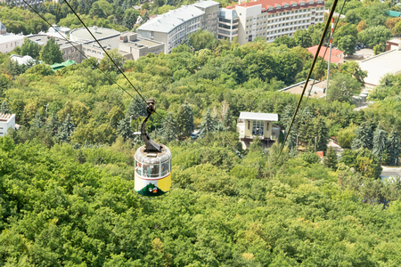 PYATIGORSK, RUSSIA - AUGUST 7: Old ropeway lifts tourists on an excursion on mount Mashuk. August 7, 2015 in Pyatigorsk, Russia.のeditorial素材