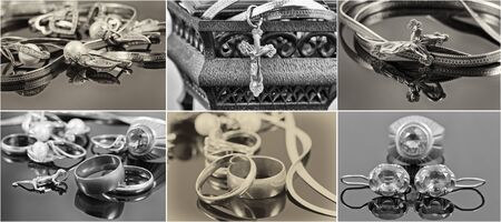 selection of black-and-white photographs of gold and silver jewelryの写真素材