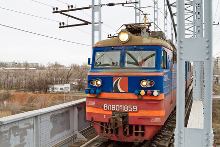 VOLGOGRAD, RUSSIA - DECEMBER 20:Train rides on the railway bridge over the Volga-don navigable...