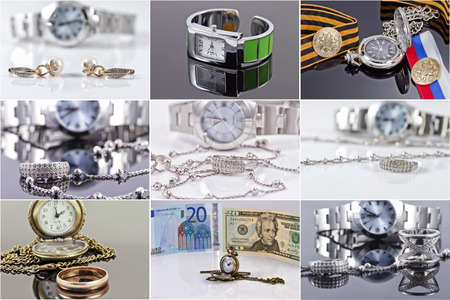 A set of photos : watch, money and jewelleryの写真素材
