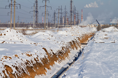 construction and installation of underground gas pipeline of high pressure in winter conditionsの写真素材