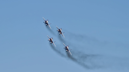VOLGOGRAD - JANUARY 30: Demonstration performance of aviation group of aerobatics Military-air forces of Russia "Strizhi". January 30, 2016 in Volgograd, Russia.のeditorial素材