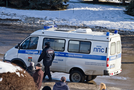 VOLGOGRAD - JANUARY 30:The van patrol and inspection service of the police is used as the reference point for the protection of cultural events . January 30, 2016 in Volgograd, Russia.のeditorial素材