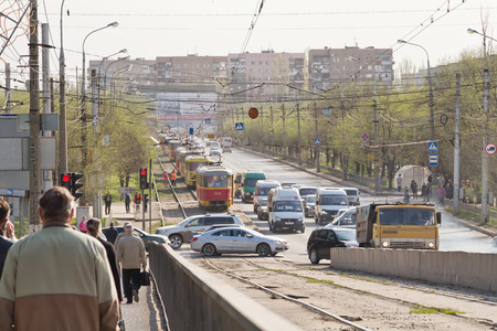 VOLGOGRAD - April 19: The trams are on rails in connection with a traffic accident on the road. April 19, 2016 in Volgograd, Russia.のeditorial素材