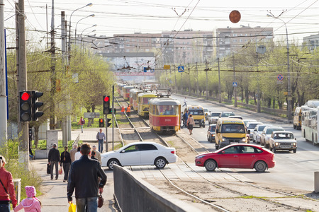 VOLGOGRAD - April 19: City trams of a route â11 are in a traffic jam in spasm with a road accident on the rails. April 19, 2016 in Volgograd, Russia.のeditorial素材