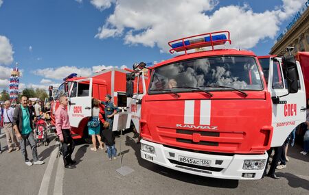 VOLGOGRAD - SEPTEMBER 10: A fire truck on KAMAZ chassis at the exhibition of fire equipment under the open sky. September 10, 2016 in Volgograd, Russia.のeditorial素材
