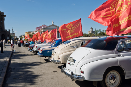 VOLGOGRAD - SEPTEMBER 10:Exhibition of retro cars produced in the USSR on the forecourt in the city day. September 10, 2016 in Volgograd, Russia.のeditorial素材