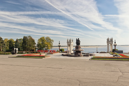 VOLGOGRAD - OCTOBER 6: The inscription Russia 2018 mounted on the Central promenade of the city. October 6, 2016 in Volgograd, Russia.のeditorial素材