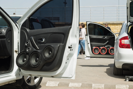 front door of the vehicle mounted with the optional audio speakersの写真素材