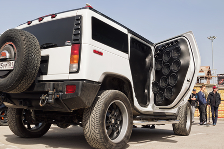 VOLGOGRAD, RUSSIA - APRIL 29: A car with a large number of installed audio speakers and subwoofer to compete in car audio. April 29, 2017  in Volgograd, Russia.のeditorial素材