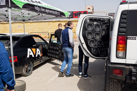 VOLGOGRAD, RUSSIA - APRIL 29: A car with a large number of installed audio speakers and subwoofer to compete in car audio. April 29, 2017  in Volgograd, Russia.のeditorial素材