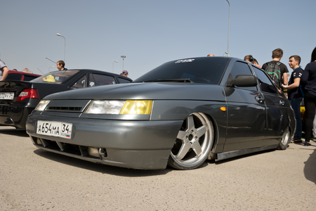 VOLGOGRAD, RUSSIA - APRIL 29: The car VAZ-2112 with the lowered suspension, participating in the competition for tuning. April 29, 2017  in Volgograd, Russia.のeditorial素材