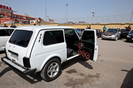 VOLGOGRAD, RUSSIA - APRIL 29: A car with a large number of installed audio speakers and subwoofer to compete in car audio. April 29, 2017  in Volgograd, Russia.のeditorial素材