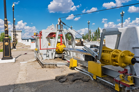 VOLGOGRAD - JUNE 19: Hydro electric actuator for lift safety rope guarding the sluice gate from ramming barge. June 19, 2017 in Volgograd, Russia.の写真素材