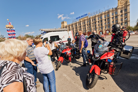 VOLGOGRAD - SEPTEMBER 9: Exhibition of special equipment of firemen and auxiliary devices for the control of fires in the open air. September 9, 2017 in Volgograd, Russia.のeditorial素材