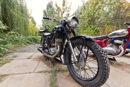 VOLGOGRAD - OCTOBER 15: Exhibition of old vintage motorcycles made in the USSR under the open sky. October 15, 2017 in Volgograd, Russiaのeditorial素材