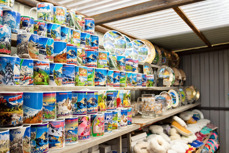 KARACHAY-CHERKESSIA, ARKHYZ- JANUARY 21: Souvenirs with images of attractions of Arkhyz in the shop local merchants. January 21, 2018 in Arkhyz, Russia.のeditorial素材