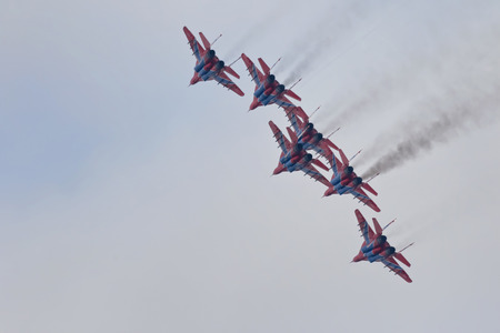 VOLGOGRAD, RUSSIA - FEBRUARY 2: The performance of the aviation group of aerobatics Military-air forces of Russia "Strizhi" over the water area of the Volga river. Volgograd, 2018のeditorial素材