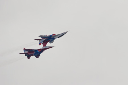 VOLGOGRAD, RUSSIA - FEBRUARY 2: The performance of the aviation group of aerobatics Military-air forces of Russia "Strizhi" over the water area of the Volga river. Volgograd, 2018のeditorial素材