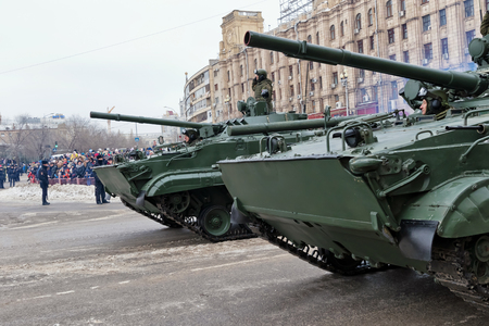 VOLGOGRAD, RUSSIA - FEBRUARY 2: Parade of military equipment on city's main square in honor of 75 anniversary of  victory of Soviet troops at Stalingrad. Volgograd, 2018のeditorial素材